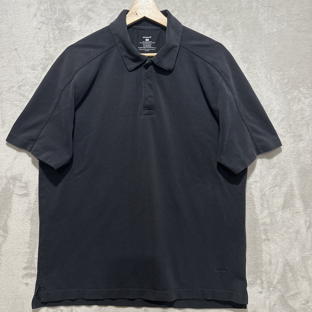Patagonia Polo Shirt Men's Sz L Black Short Sleeve Collared Organic Cotton Blend